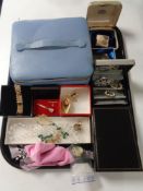 A tray containing costume jewellery, brooch and earrings, beaded necklaces, silver bangle, etc,