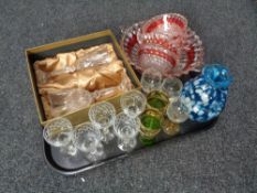 A tray containing antique glassware to include a blue studio glass vase,