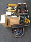 A pallet of miscellaneous items to include Edwardian oak canteen containing scissors,