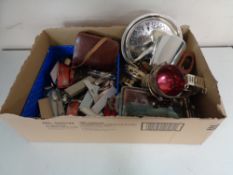 A box of stainless steel and plated cutlery, crested tea spoon,