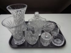 A tray containing assorted glassware to include vases, basket, preserve pot, jug etc.
