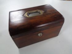 An early twentieth century stained wooden jewellery box with Bramah lock and lift out red leather