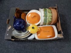 A box of kitchen ware, Le Creuset ceramic lidded ramekin and oven dishes,