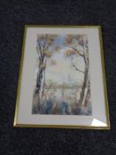 A watercolour, trees by a lake, unsigned,