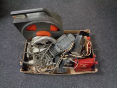 A box of assorted tools including bench vice, Black and Decker 1/4 stand, power tools,