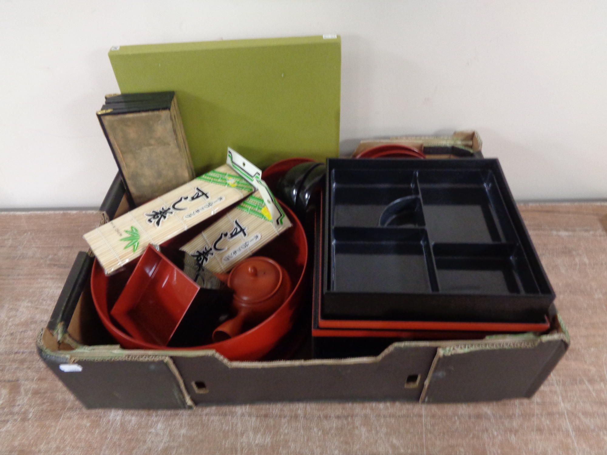 A box containing oriental plastic rice bowls and pots, six-way folding table screen,