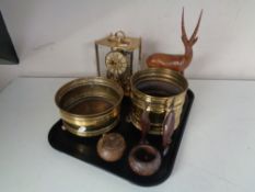 A tray containing a brass cased Kundo anniversary clock,