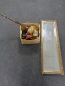 A gilt framed bevel edge hall mirror together with a box containing a brass carriage clock and
