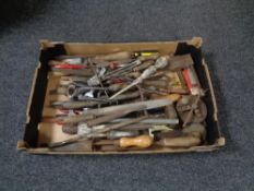 A box of vintage hand tools, brace, files,