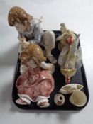 A tray containing three pieces of Goss tourist china, a pair of pottery cockerels,