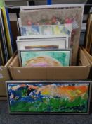 A box containing continental school pictures and prints to include oils on canvas, abstract scenes,