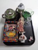 A tray containing a vintage musical circus dancing clown, a commemorative green glass tankard,