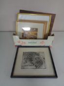 A box of four continental signed prints together with a copper etching plate