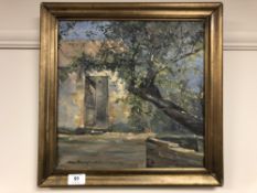 Continental school : oil on canvas, a tree by a wall, indistinctly signed, framed.