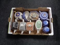 A box containing a quantity of Ringtons blue and white caddys, tea pot, further Ringtons ware etc.