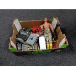 A box containing vintage toys to include die cast vehicles, action men, plastic aircraft etc.