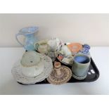 A tray containing antique and later china to include tea china, tankard,