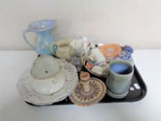A tray containing antique and later china to include tea china, tankard,