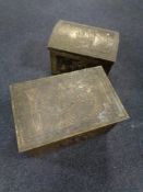 Two brass embossed coal boxes.