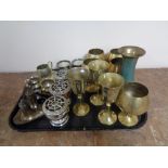 A tray containing assorted metalware to include plated cruets, miniature wine coolers,