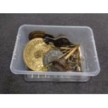 A box containing metal wares to include poss stick, brass cannon bellows, wall plaques,