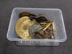 A box containing metal wares to include poss stick, brass cannon bellows, wall plaques,