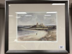 After Tom MacDonald, Dunstanburgh, reproduction in colours, signed in pencil to margin,