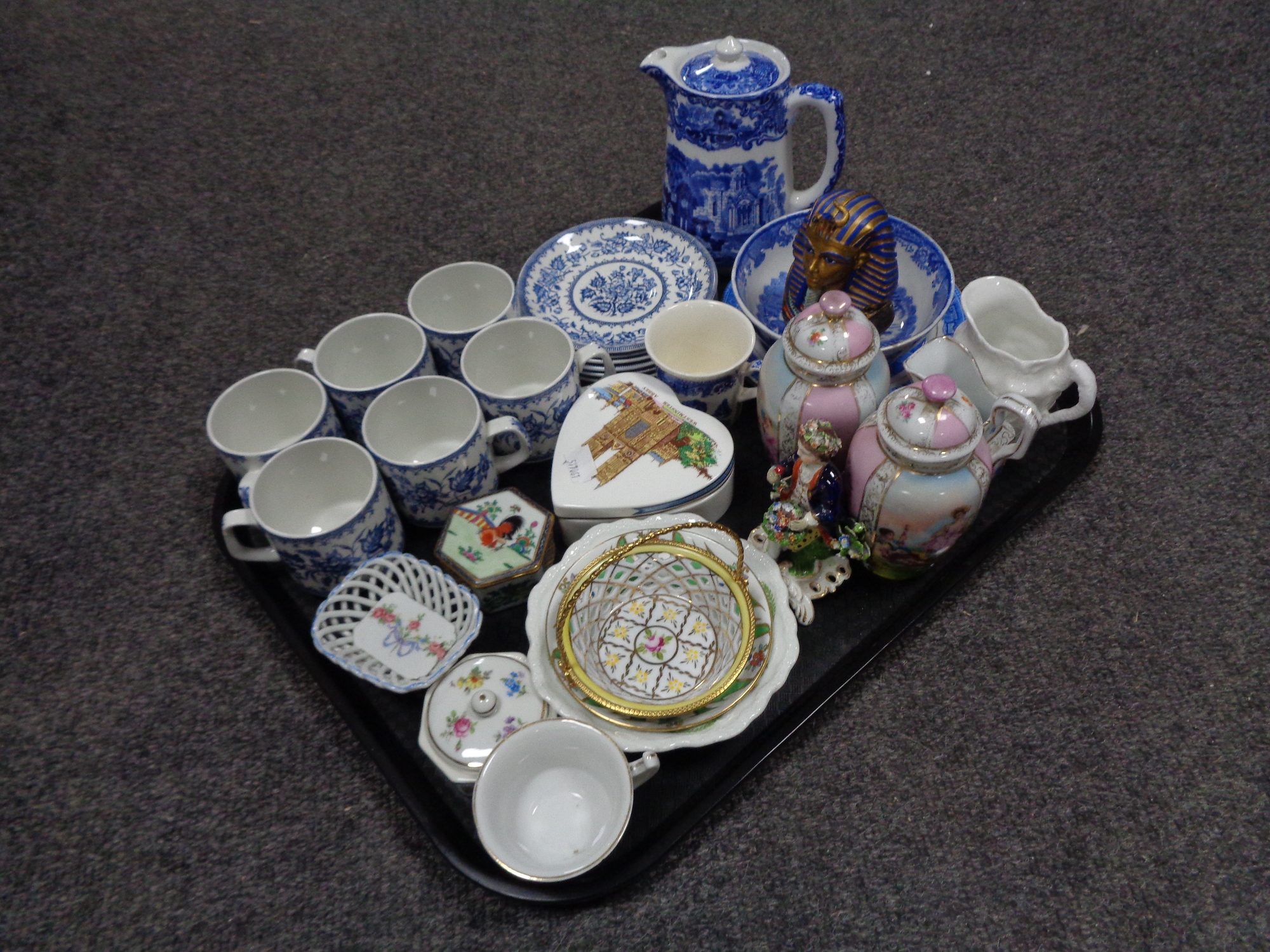 A tray containing antique and later china to include a blue and white Abbey jug,