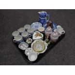 A tray containing antique and later china to include a blue and white Abbey jug,