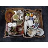 Two boxes containing miscellany to include glassware, lidded vases, planters,