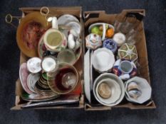 Two boxes containing miscellany to include glassware, lidded vases, planters,