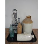 A Portobello ceramic flagon together with a part cruet stand, antique glass bottle etc.