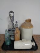 A Portobello ceramic flagon together with a part cruet stand, antique glass bottle etc.