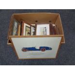 A box containing assorted framed pictures to include I.