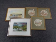 A set of three gilt framed Jean Davies watercolours together with a gilt framed Derek Massey