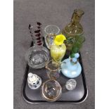 A tray containing antique and later glassware to include hand painted water jug, vase, hand bell,