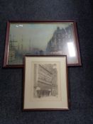 A framed John Atkinson Grimshaw print of a Quayside together with further framed black and white