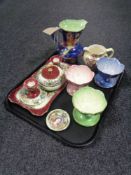 A tray of Maling ware to include Sunday dishes, peony rose trinket set, storm pattern jug etc.