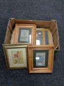A box containing six assorted framed pictures, flowers.