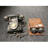 A vintage black Bakelite telephone together with a bell box.