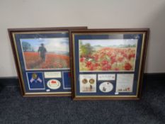 Two framed limited edition 'Lest We Forget' montages, containing replica coins and Victoria Cross.