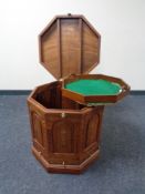 An octagonal hardwood brass inlaid drinks chest with lift out tray.