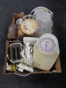 Two boxes containing miscellany to include kitchen scales, vintage soda siphon, dinner ware,