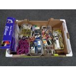 A box containing haberdashery items to include threads, scissors, cord, Remington iron etc.