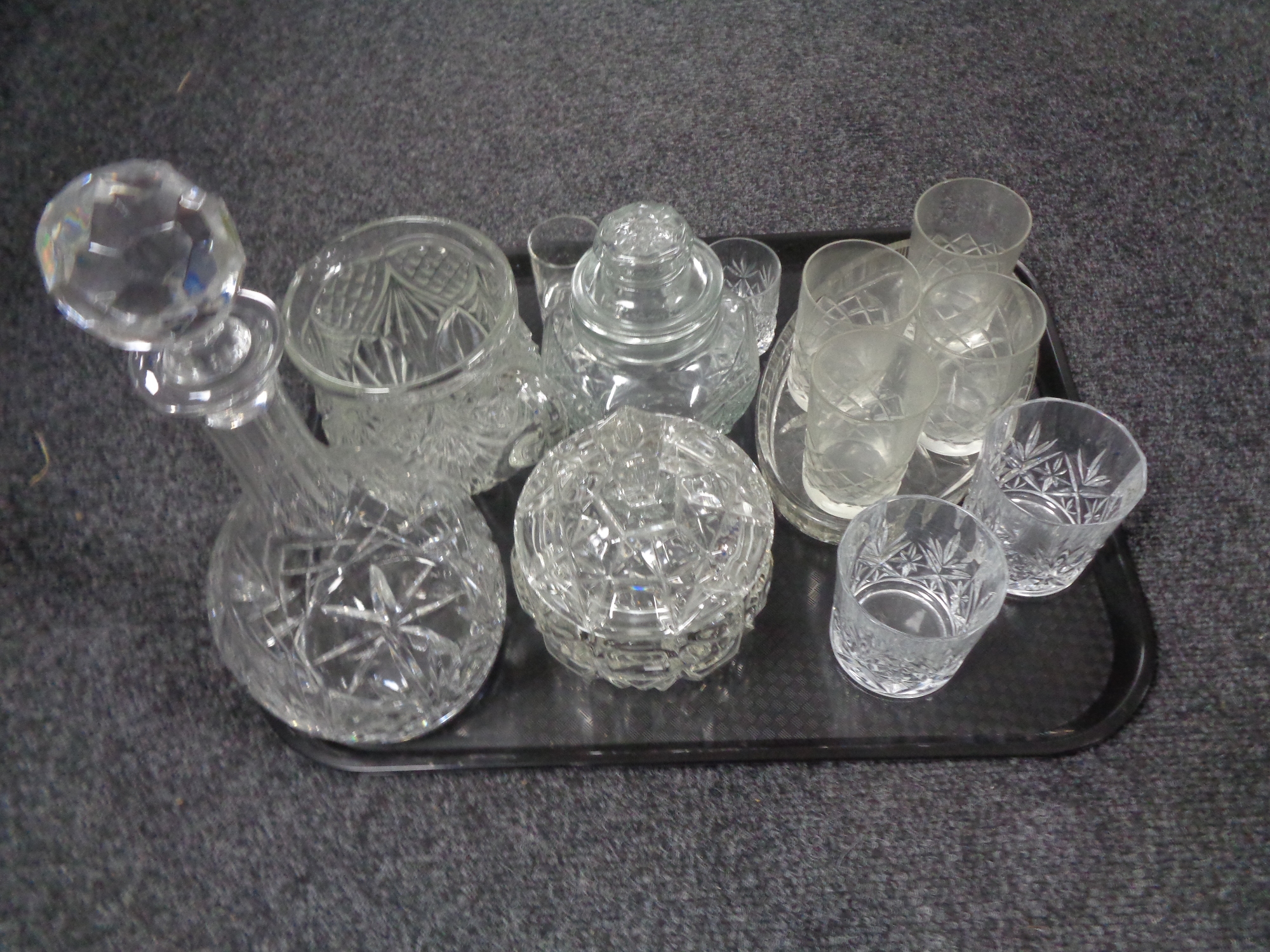 A tray of crystal decanter etc.