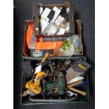 Two boxes containing a quantity of tools, hand drill, saws, sockets, Hi Vis jacket.