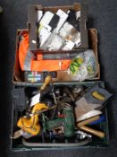 Two boxes containing a quantity of tools, hand drill, saws, sockets, Hi Vis jacket.