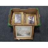 A box containing four framed oils to include landscape scenes.