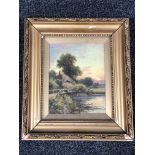 An antique gilt framed oil on board depicting a figure on a bridge with cottage beyond, signed H.