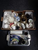A box containing ceramics including spaniel ornaments, tea china,